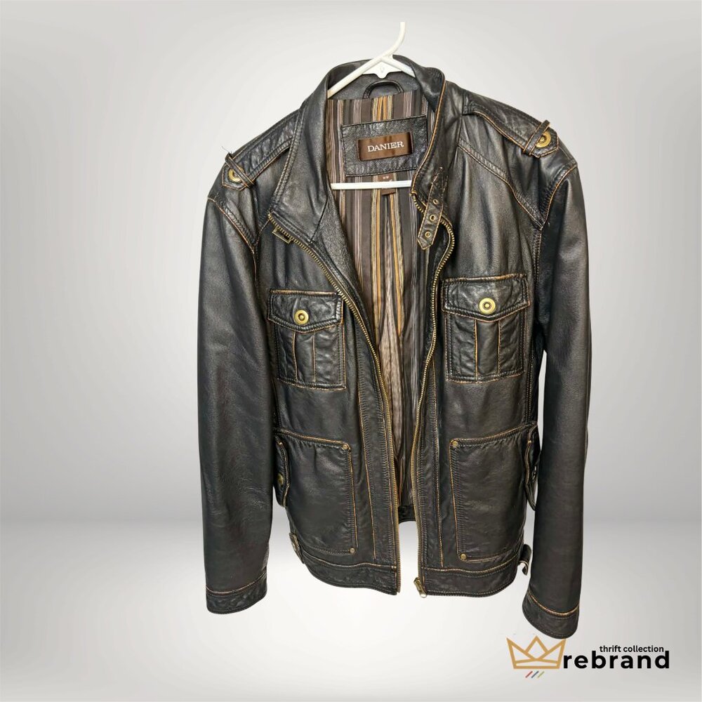 Danier Genuine Leather Moto Jacket Black Utility Style Medium - Picture 2 of 5